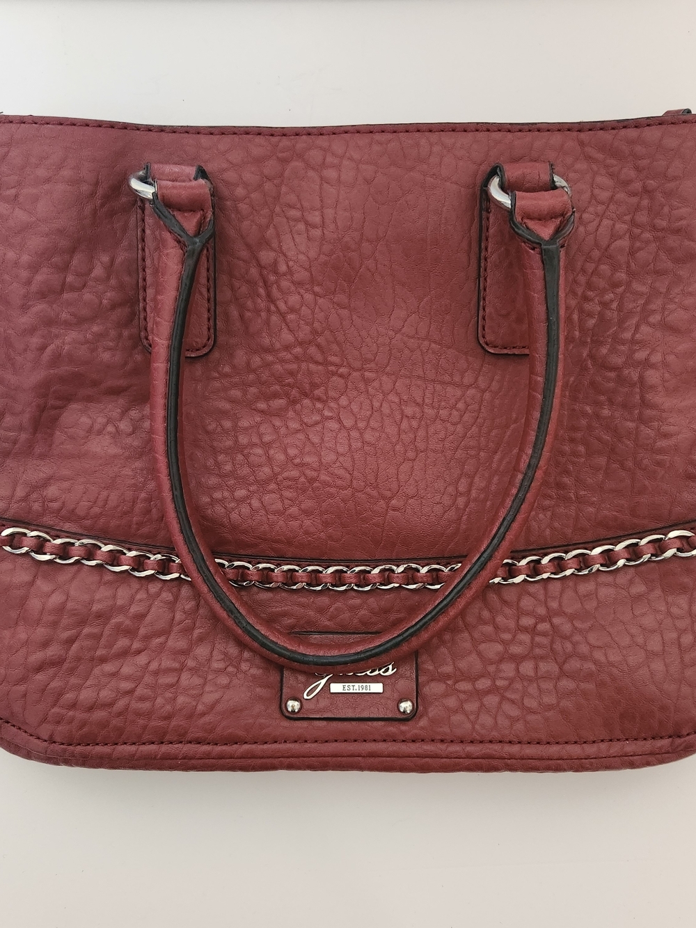 Guess Pebbled Vegan Leather Silver-Tone Chain Y2K Edgy Burgundy Wine Tote Purse